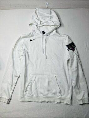 Nike white hoodie with black cat patch on sleeve, size S